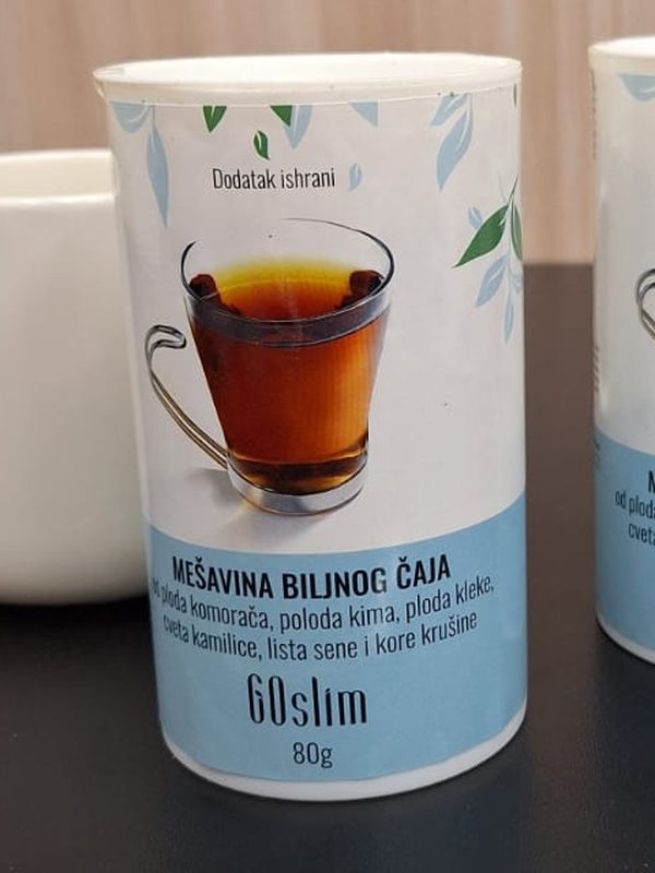 Etiketa GoSlim čaja izbliza, sa spiskom biljaka
